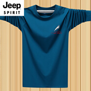 JEEP SPIRIT春季純棉t恤男長(cháng)袖秋衣寬松加肥加大上衣胖子衣服大碼男款打底衫 小羽毛牛仔藍 M 體重80-90斤
