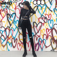 JEEP SPIRIT大碼男女通穿牛仔褲春秋高腰九分深藍緊身小腳顯瘦彈力百搭鉛筆褲 乞丐褲破洞黑色褲 26 建議80-88斤