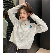 灰色小眾設計感高領拉鏈毛衣外套女春秋冬奶系提花針織開衫上衣潮 灰色 常規(guī) 撞色小花花 均碼 (160)