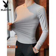 花花公子（PLAYBOY）高彈力圓領(lǐng)t恤男長(zhǎng)袖春秋季百搭條紋打底衫修身體恤男士?jī)?nèi)搭上衣 灰色 加絨 M (100-115斤)