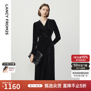 朗姿法式高級(jí)感絲絨長裙冬季新款連衣裙氣質(zhì)顯瘦v領(lǐng)小黑裙 黑色 M