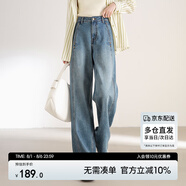 尚都比拉純棉直筒牛仔褲女士春秋長款褲子寬松顯瘦復(fù)古百搭女褲 牛仔藍M