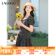 lagogo森系不對稱(chēng)抽褶連衣裙女拉谷谷2025春夏新款方領(lǐng)顯瘦碎花裙 混色 XL