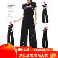 MZVZ黑色童趣刺繡牛仔背帶褲女春夏季2025新款設計感闊腿連體褲子 黑色【牛仔背帶褲/2025新款/小個 S 建議80-95斤