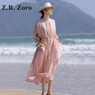 Z.R.Zoro奢侈品連衣裙女2025夏季新款時(shí)尚氣質(zhì)苧麻長(cháng)裙度假風(fēng)沙灘連衣裙女 淺粉色 M