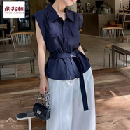 俞兆林法式氣質(zhì)Polo領(lǐng)無(wú)袖襯衫女2025新款夏季感收腰系帶設計感上衣 藏青色(帶腰帶)有墊肩 M (建議92-104)