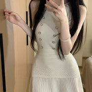 樂(lè )卡利裙子女夏季辣妹風(fēng)套裝高級感釘珠無(wú)袖針織背心上衣高腰百褶半身裙 小香風(fēng)針織背心裙兩件套【白色】 均碼 80-120斤
