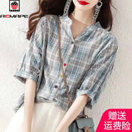 AEMAPE 設(shè)計(jì)感小眾襯衣女2025夏季新款女裝休閑襯衫女百搭短袖上衣 MX-9-8216_藍(lán)色格子 L 【建議115-130斤】
