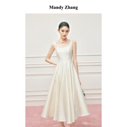 Mandy Zhang“千金LADY”重磅真絲羊毛吊帶連衣裙女秋白色輕禮服 馬氏貝珍珠白-連衣裙 L