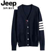 JEEP SPIRIT秋冬季針織開衫毛衣薄外套加大碼寬松條紋修身休閑男女情侶裝潮 藏青色 白色條紋 M 1碼（建議90-110斤）