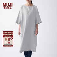 無印良品 MUJI 女式 法國亞麻水洗 七分袖連衣裙 412688 BCL06C1S 灰色 L
