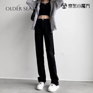 OLDER SEA黑色直筒牛仔褲女修身彈力美式夏季2025新款高腰顯瘦長褲子女 黑色 M 建議95-105斤