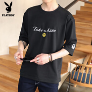 花花公子（PLAYBOY）夏季7分七分袖短袖T恤男潮流寬松6六分半袖港風(fēng)5五分中袖體恤 黑色 M (90-115斤)