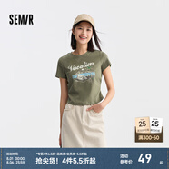 Semir森馬短袖T恤女短款設(shè)計(jì)感印花復(fù)古2024夏季正肩修身上衣小眾 土灰綠40901 XS