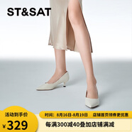 星期六（St&Sat）女鞋石頭紋羊皮革通勤淺口貓跟單鞋 米白色（皮面） 35