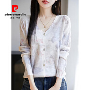 皮爾卡丹（pierre cardin）2025春秋新款V領(lǐng)竹節(jié)麻針織開(kāi)衫女拼色印花長(zhǎng)袖防曬衣寬松薄外套 蝴蝶翩翩 M 建議80-120斤