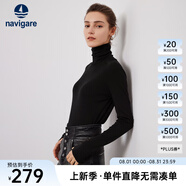 Navigare意大利小帆船女士長袖T恤秋冬季羊毛高領(lǐng)打底衫簡約百搭彈力體恤 暗夜黑 L
