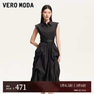 VEROMODA連衣裙女2025夏季新款褶皺裙擺薄墊肩收腰顯瘦3252SZ001 黑色 S