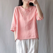 晉影2025夏新款新中式棉麻T恤花朵刺繡禪意茶服上衣女文藝復古小衫LDY 盤扣繡花 粉色 L 建議100-115斤