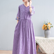 恒源祥尾單女復古刺繡苧麻大擺長(cháng)裙寬松中袖棉麻連衣裙 500件起定制價(jià)今年流行的輕奢品 L 【建議110-130斤】