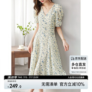 尚都比拉夏季法式碎花連衣裙泡泡袖茶歇裙氣質女神范裙子 杏底藍花 S 