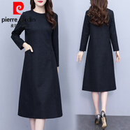 皮爾卡丹（pierre cardin）毛呢灰色連衣裙女長袖2025新款女中老年呢子媽l媽冬季大l碼長裙 深灰格子 M 90-100斤