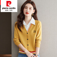 皮爾卡丹（pierre cardin）羊毛衫女襯衫領(lǐng)毛衣秋冬裝英倫風(fēng)假兩件上衣打底針織羊毛衫 黃色 S (適合85-98斤)