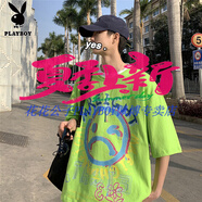 花花公子（PLAYBOY）夏季純棉短袖男潮牌印花t恤寬松休閑上衣ins港風半袖衣服潮流體恤 1025 T恤 五分袖 綠色 M