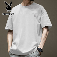 花花公子（PLAYBOY）夏季新款潮牌短袖T恤男寬松百搭純棉體恤半袖上衣 白色純棉短袖-2566 S 建議90-115斤