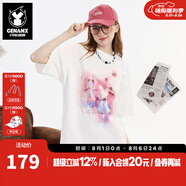 GENANX閃電潮牌夏季新品100%純棉T恤親膚透氣吸濕排汗直噴印花鏤空拼接T 白粉色 S 【建議】參考尺碼助手或客服