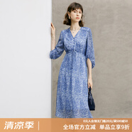 顏域藍(lán)色氣質(zhì)連衣裙女裝2024新款春季收腰顯瘦七分袖V領(lǐng)碎花裙子 藍(lán)花 L/40
