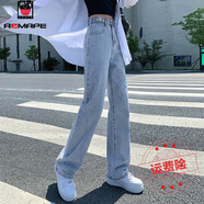 AEMAPE牛仔褲女2025春夏秋新款可調節腰頭百搭顯瘦高腰休閑直筒褲 淺藍色九分_建議150-157 M _建議99-112斤