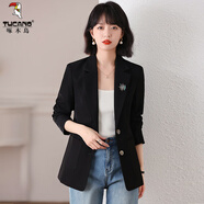 啄木鳥長(zhǎng)袖小西裝外套女短款2025新款秋裝韓版修身休閑小個(gè)子西服上衣 黑色 S 85-90斤
