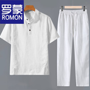 羅蒙（ROMON）高端純亞麻t恤男士翻領(lǐng)短袖T恤寬松休閑Polo衫麻布料百搭體恤衫潮 白色套裝 2XL 【150-165斤】