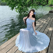 蕓蕁裙子女夏季2025新款法式鳶尾藍網(wǎng)紗拼接透紗連衣裙兩件套女超仙不 暈染藍色罩衫+連衣裙[兩件套] S [建議90斤下穿]