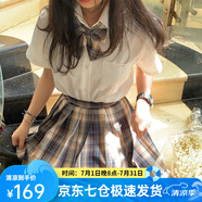 蘿美醬jk制服夏季全套女生短裙學院風春秋JK裙百褶裙裙子半身裙套裝顯瘦 小熊格裙+短袖襯衫+領(lǐng)結(jié) M 【建議95-105斤】
