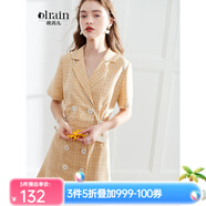 Olrain歐芮兒女裝格子連衣裙中長款西裝領(lǐng)雪紡女法式復(fù)古裙赫本風(fēng)桔梗裙 黃格 S 155/80A