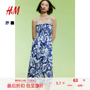 H&M女裝背心吊帶連衣裙夏季無(wú)袖修身收腰露背海洋印花長(zhǎng)裙1221999 白色/藍(lán)色花卉 XL 175/116