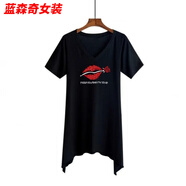 沐悠羽夏裝不規(guī)則V領(lǐng)短袖T恤女寬松休閑韓版中長潮流大碼半袖女上衣 黑嘴唇玫瑰 V/領(lǐng)中長/款 S 建議90斤以下
