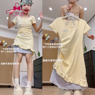 蜜樂(lè )奇假兩件掛脖吊帶連衣裙女夏季純欲風(fēng)格子多巴胺小個(gè)子短袖修身裙子 奶黃色 短款【MS-80cm】 S 建議80-95斤
