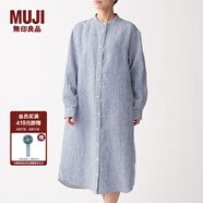 無印良品 MUJI 女式 法國亞麻水洗 立領(lǐng)連衣裙 BCL05C0S 深海軍藍(lán)X條紋 L