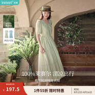 茵曼（INMAN）法式薄荷曼波連衣裙2024夏女裝新品V領(lǐng)燈籠袖抽繩 水沫綠 L