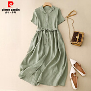 皮爾卡丹（pierre cardin）日系原單亞麻連衣裙系帶收腰顯瘦文藝氣質(zhì)翻領(lǐng)棉麻大擺長(cháng)裙 綠色 【高質(zhì)量版】 L 【建議105-125斤】