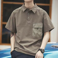 軒萊雅（XUANLAIYA）短袖polo衫男夏季工裝襯衫日系復古翻領(lǐng)5分半袖設計感t恤痞帥襯衣 T99【卡其色】 5XL