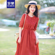 羅蒙（ROMON）休閑短袖中長(cháng)款連衣裙女裝2024夏季新款高腰寬松收腰紅色裙子 紅色 2XL （130-140斤）