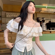 妙奕嘉一字肩上衣短袖白色t恤女新款2025年夏季女裝純欲辣妹女生修身 一字領(lǐng)荷葉邊短袖 XL 【建議100-115斤】