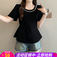 歐貝汐2025夏裝新款短袖上衣女時尚設計感圓領釘珠別致短袖T恤 黑色 XL 大