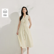 茵曼法式小眾褶皺連衣裙夏季女裝設計感單排扣無(wú)袖中長(cháng)裙 梨花杏 XL