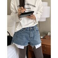 FHHUABD時髦潮咖字毛邊露兜造型感休閑百搭牛仔短褲靴褲女 藍色 S