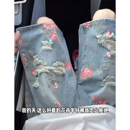 至濤玫瑰花卉破洞牛仔短褲男款夏季美式高街褲子外穿潮牌工裝四五分褲 K2633藍(lán)色 XL